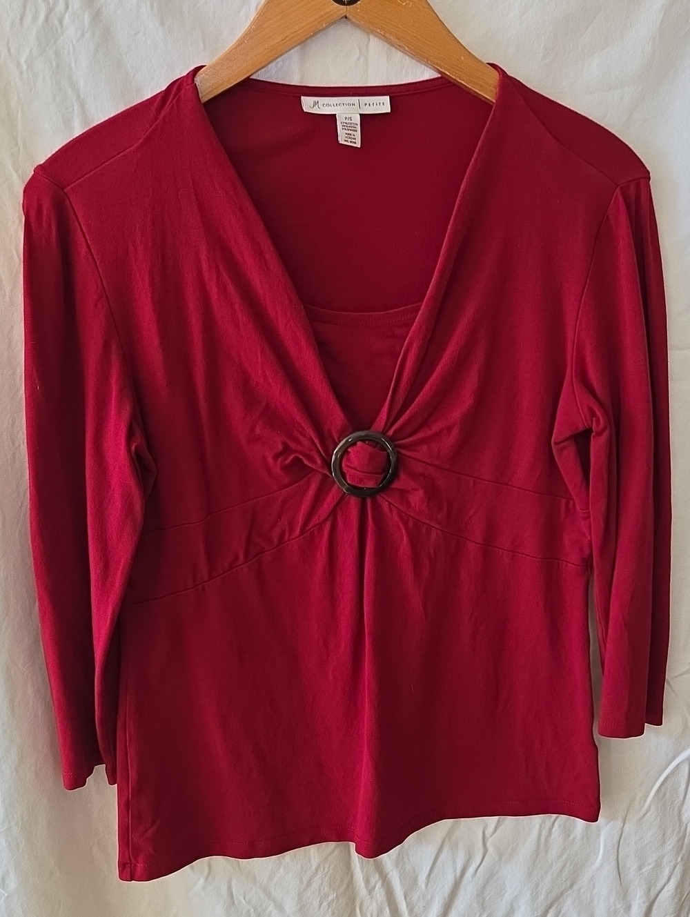 JM Collection Crimson Red V-Neck Long Sleeve Top with Ring Accent